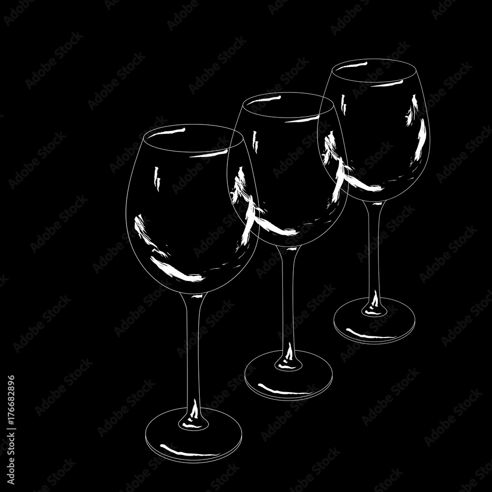 Outlines of three wine glasses lined up in a row on black background.Vector illustration Outlines of three wine glasses lined up in a row on black background.Vector illustration