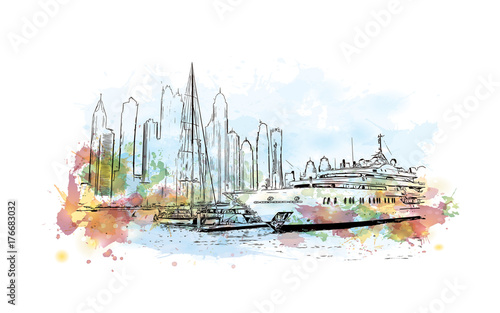 Watercolor splash with sketch of Marina Dubai With Cruise, UAE in vector illustration.