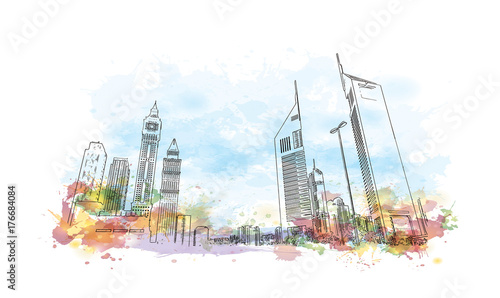Watercolor splash with sketch of Emirates Tower Dubai UAE in vector illustration.