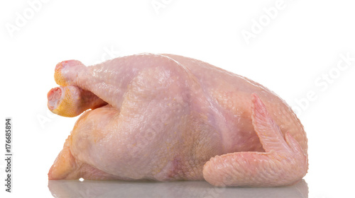 A whole raw chicken carcass isolated on white.