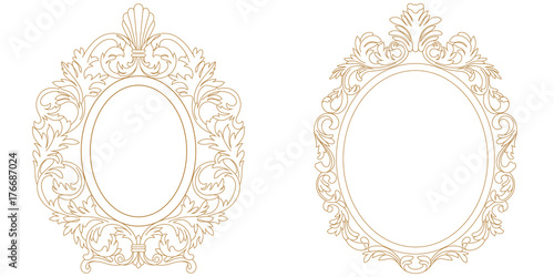 Golden vintage oval graphical frame in antique style. Vector.