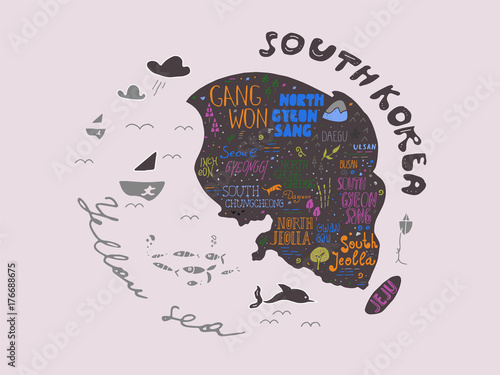 Hand drawn map of South Korea vector illustration, design