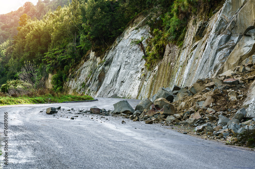 Landslide after heavy raining on Whanganui river road in National Park in Autumn , Whanganui , North Island of New Zealand