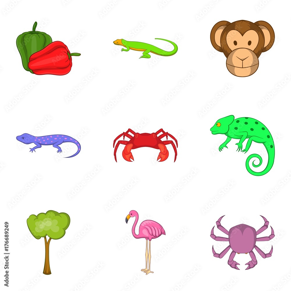 Naklejka premium Rare animal icons set, cartoon style