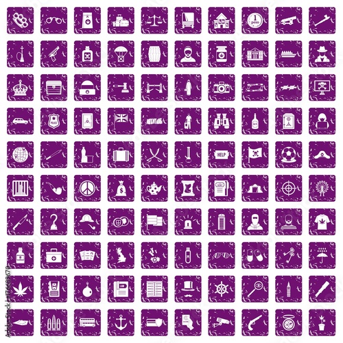 100 offence icons set grunge purple