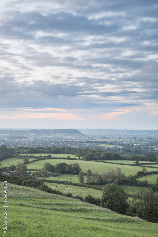 Beautiful dawn landscape over Somerset Levels in English countryside Beautiful dawn landscape over Somerset Levels in English countryside