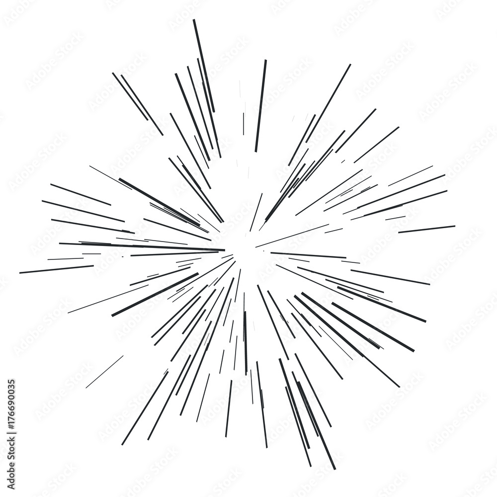Sun burst, star burst sunshine. Radiating from the center of thin beams, lines.  Abstract explosion, speed motion lines 