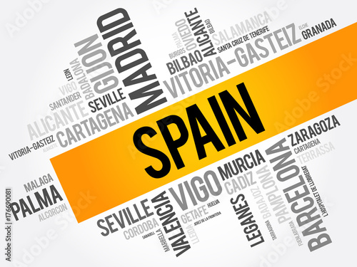 List of cities in Spain word cloud, Spanish municipalities, business and travel concept background