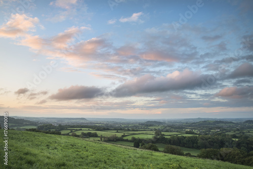 Beautiful dawn landscape over Somerset Levels in English countryside
