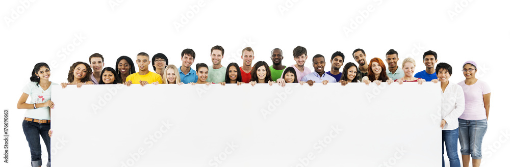 Group of diverse people with blank board isolated on white Group of diverse people with blank board isolated on white