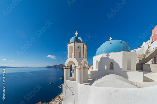 view of caldera with classical blue church domes