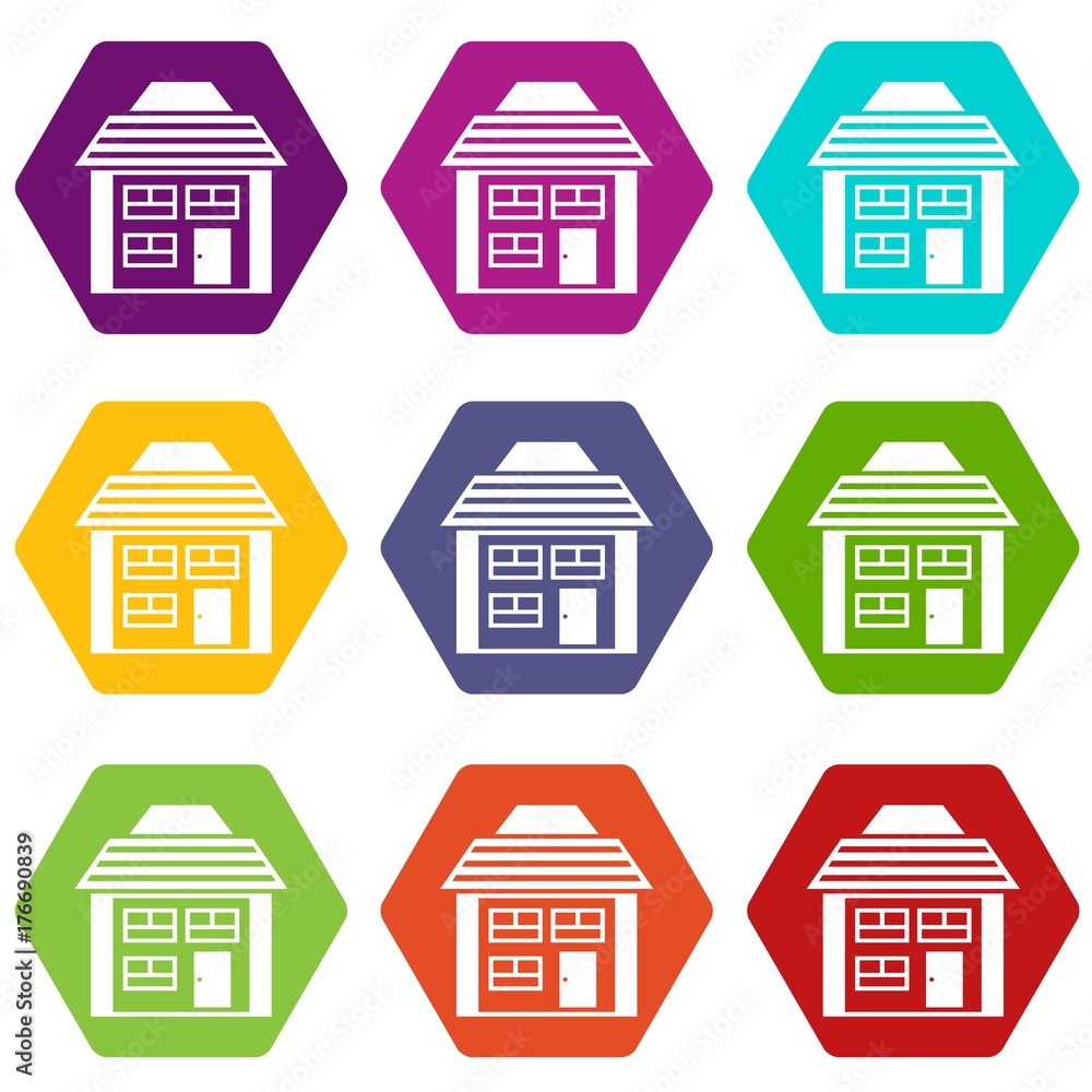 Two-storey house with sloping roof icon set color hexahedron Two-storey house with sloping roof icon set color hexahedron