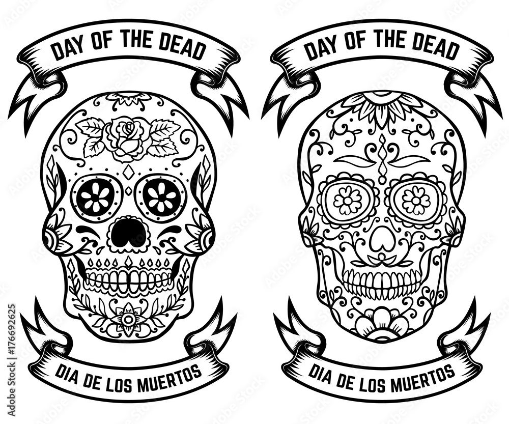 Day of the dead. Dia de los muertos. Set of the sugar skulls. Design elements for poster, greeting card, banner. Vector illustration