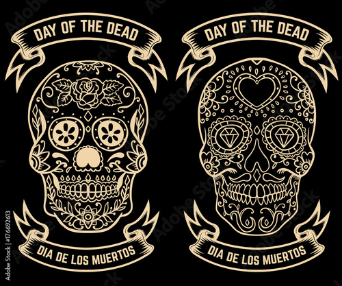 Day of the dead. Dia de los muertos. Set of the sugar skulls. Design elements for poster, greeting card, banner. Vector illustration