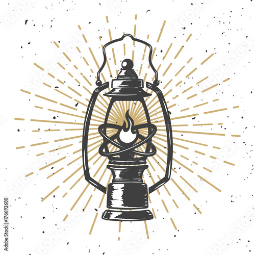 Vintage kerosene lamp with light lines. Design element for poster, greeting card, banner. Vector illustration