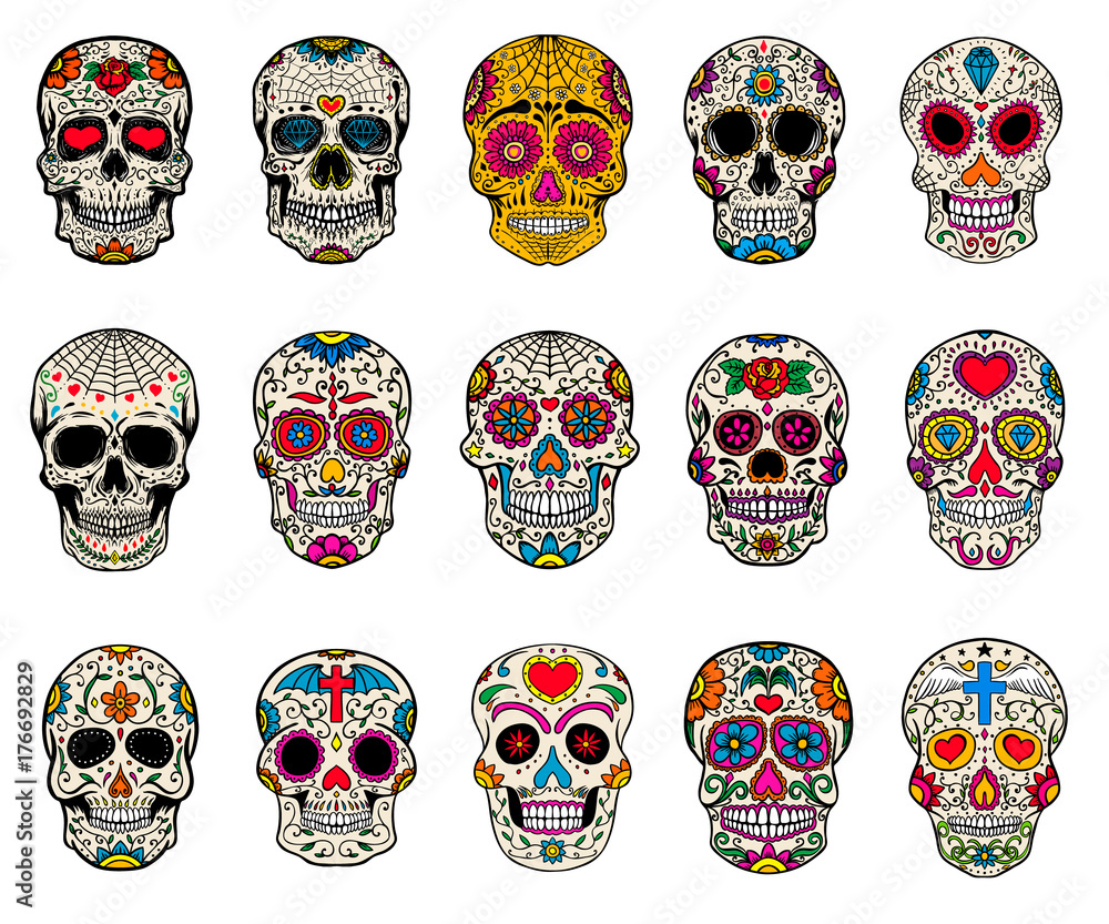 Set of sugar skulls illustrations. Dead day. Dia de los muertos. Stock ...