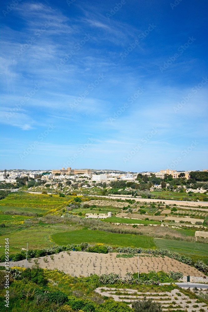 Elevated view of the town and surrounding countryside during the Springtime, Imtarfa, Malta.