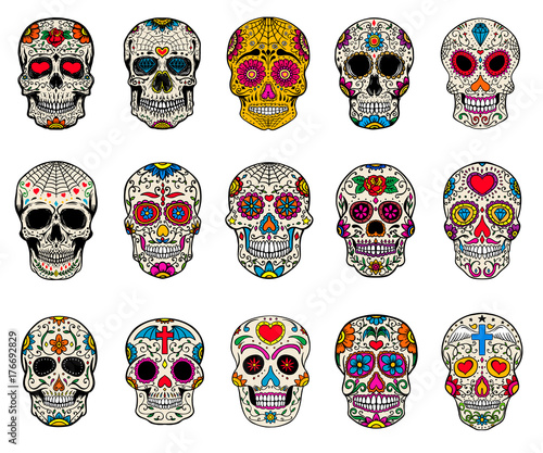 Set of sugar skulls illustrations. Dead day. Dia de los muertos.