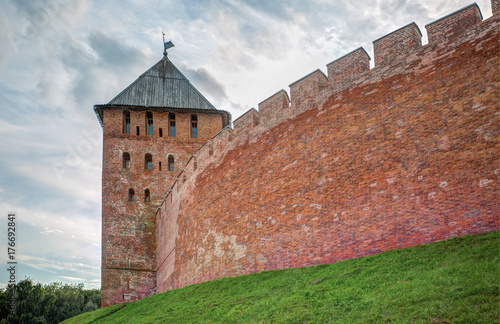 Ancient brick fortress wall and watch tower of the Novgorod Kremlin, Russia