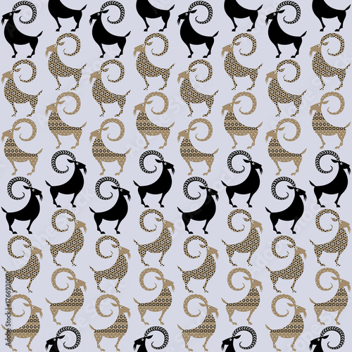 Scandinavian traditional Christmas decoration. Yule Goats with different patterns. Seamless background pattern.