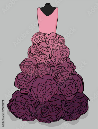 Pink and purple dress with a hem made in the form of large peonies eps 10 illustration