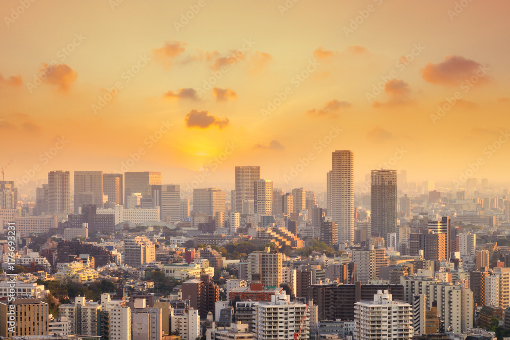 Obraz premium Cityscape of Tokyo city, japan. Aerial view of modern office building and downtown skyscraper of tokyo with clear sky background. Tokyo is metropolis and center of new asia's modern business