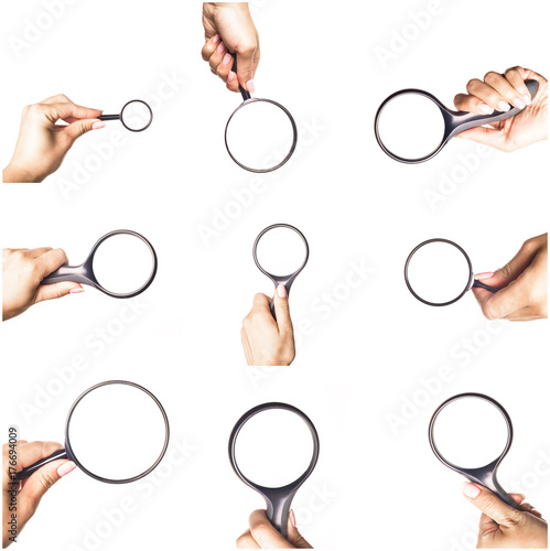 Hand with a magnifying glass isolated on white collage