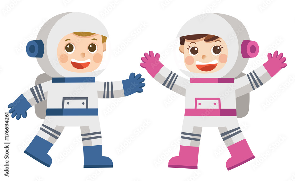Astronaut Boy and Girl in space suit which provide mobility and functionality to investigate universe. Explorer cosmic outfit garment for exploration of spacewalks. Astronaut Boy and Girl in space suit which provide mobility and functionality to investigate universe. Explorer cosmic outfit garment for exploration of spacewalks.