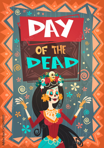 Day Of Dead Traditional Mexican Halloween Dia De Los Muertos Holiday Party Decoration Banner Invitation Flat Vector Illustration