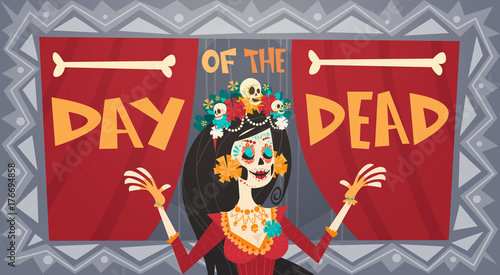 Day Of Dead Traditional Mexican Halloween Dia De Los Muertos Holiday Party Decoration Banner Invitation Flat Vector Illustration