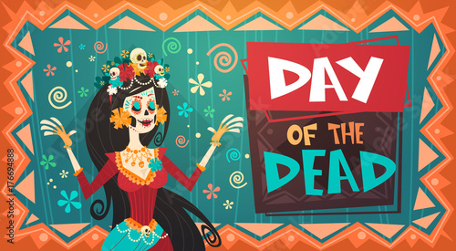 Day Of Dead Traditional Mexican Halloween Dia De Los Muertos Holiday Party Decoration Banner Invitation Flat Vector Illustration photo