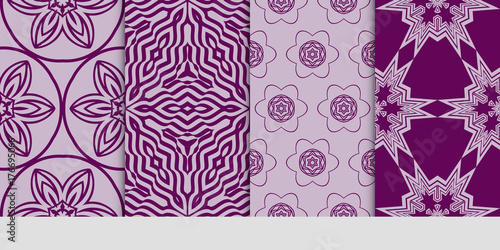 set of seamless pattern with geometric floral ornament. vector illustration. purple color
