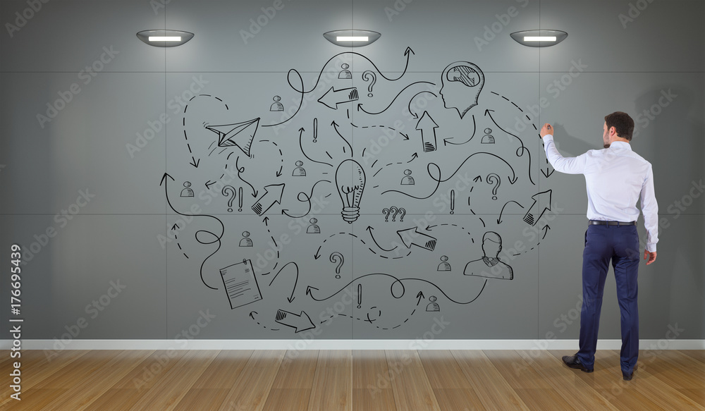 Businessman drawing a project sketch on a wall 3D rendering Businessman drawing a project sketch on a wall 3D rendering