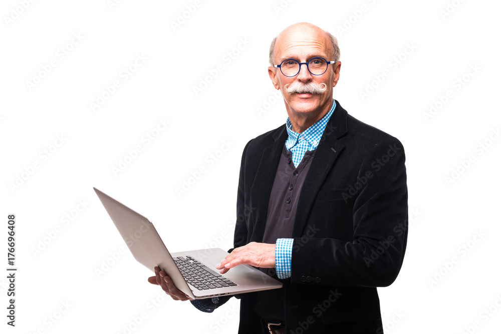Smiling handsome mature male with his laptop against a white background Smiling handsome mature male with his laptop against a white background