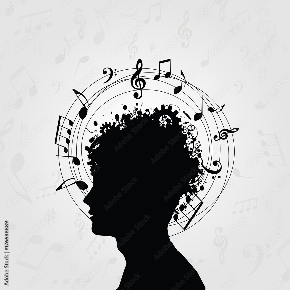 Black and white man silhouette with music notes. Music symbols with human  head for card, poster, invitation. Music background design vector  illustration Stock Vector | Adobe Stock