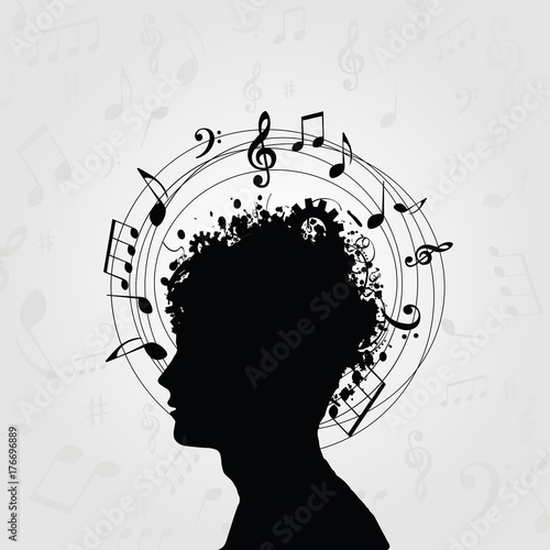 Black and white man silhouette with music notes. Music symbols with human head for card, poster, invitation. Music background design vector illustration