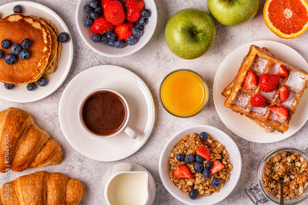 Delicious breakfast on a light table. Delicious breakfast on a light table.