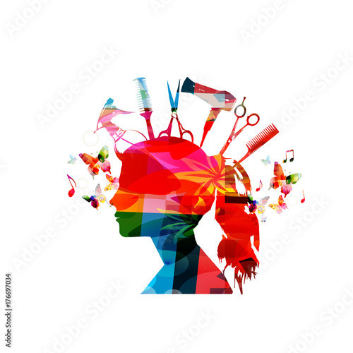Canvas Print Colorful female silhouette with hairdressing tools isolated