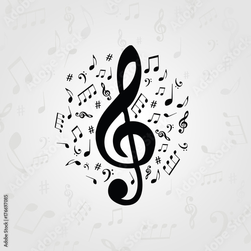Black and white music poster with music notes. Music elements banner for card, poster, invitation. Music background design vector illustration
