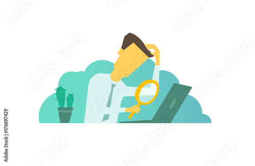 Businessman with magnifier in hand looking for something in the laptop sitting at the table