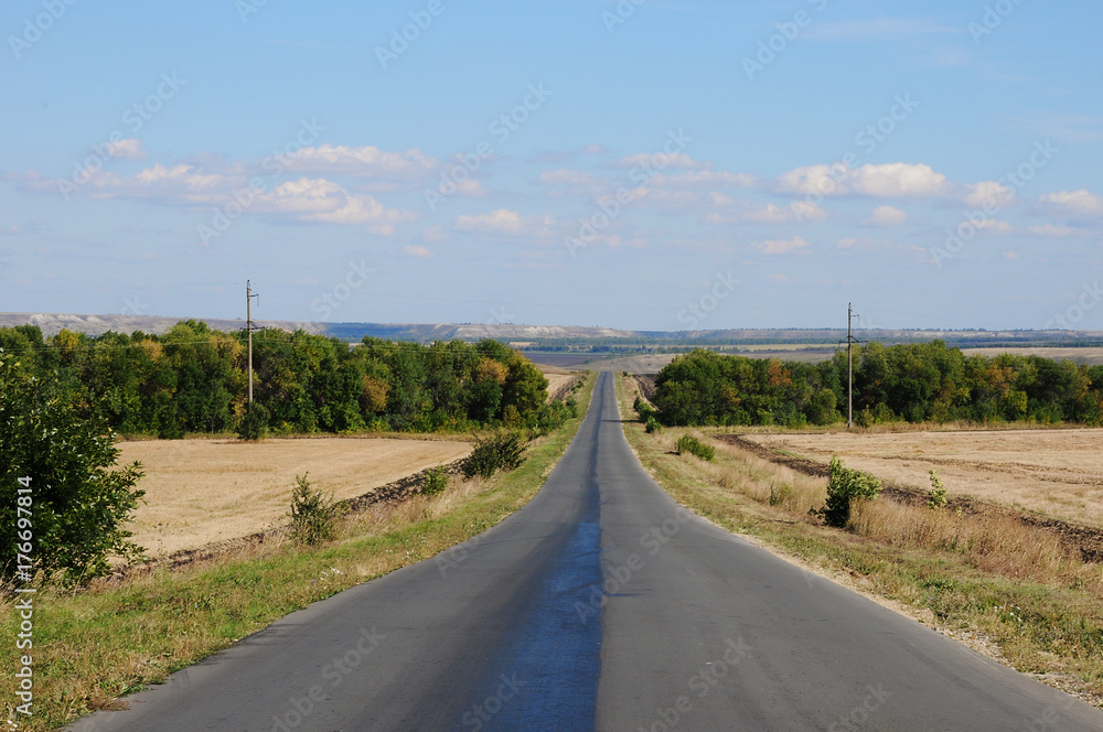Country summer landscape with a road. Hitch-hiking on the roadside Country summer landscape with a road. Hitch-hiking on the roadside