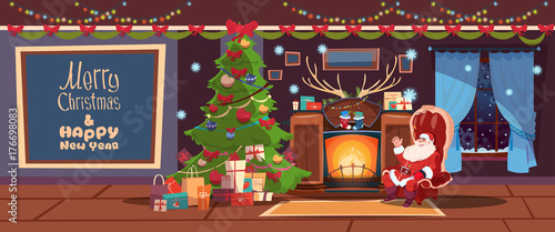 Merry Christmas And Happy New Year Greeting Card Santa Sitting Near Fireplace Winter Holiday Concept Banner Flat Vector Illustration