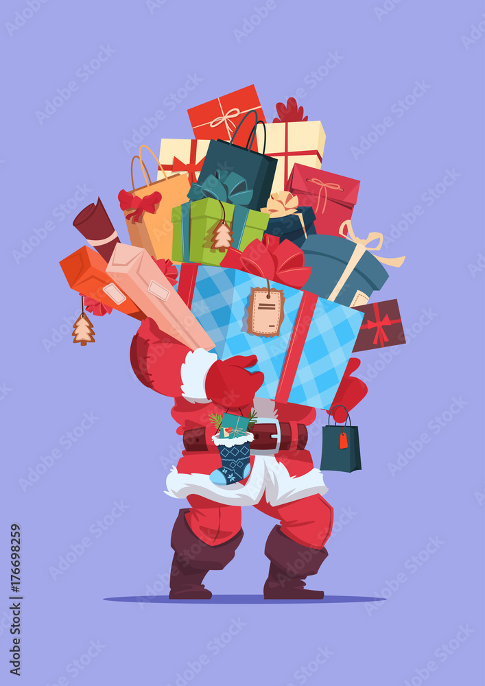 Merry Christmas And Happy New Year Greeting Card Santa Holding Present Stack Winter Holidays Concept Banner Flat Vector Illustration