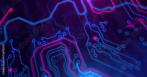 Printed circuit board video. Motherboard. Blue and purple digital technology background.