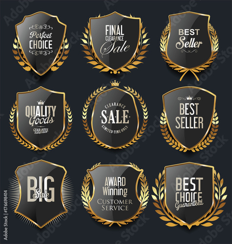 Golden shields and laurel wreaths retro design collection
