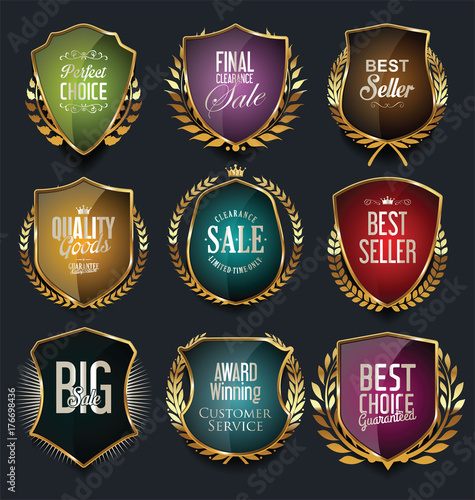 Golden shields and laurel wreaths retro design collection