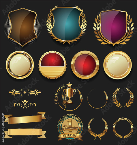 Golden shields and laurel wreaths retro design collection