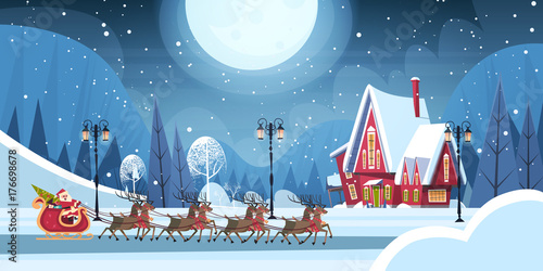 Santa Riding In Sledge With Reindeers, Merry Christmas And Happy New Year Greeting Card Winter Holidays Concept Banner Flat Vector Illustration
