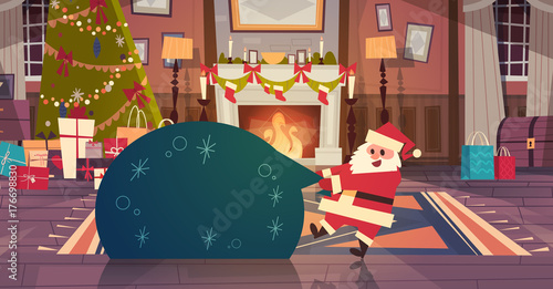 Merry Christmas And Happy New Year Greeting Card Santa Holding Big Present Sack In Decorated Living Room Winter Holidays Concept Banner Flat Vector Illustration