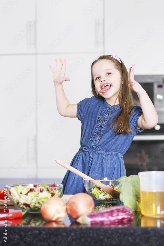 little cute girl indulges in kitchen, Family concept little cute girl indulges in kitchen, Family concept